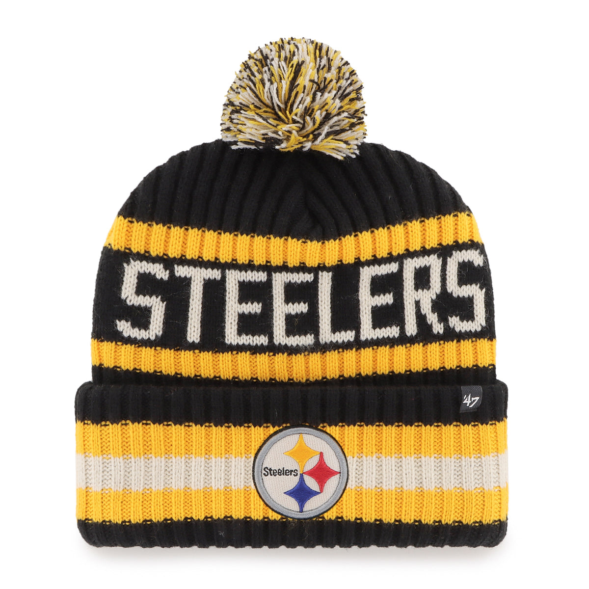 Pittsburgh Steelers NFL 47 Brand Men Black/Yellow Bering Cuff Pom Knit product image 1, provided for visual reference and