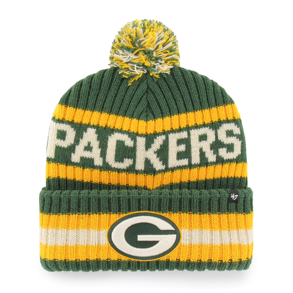 Green Bay Packers NFL 47 Brand Men Green/Yellow Bering Cuff Pom Knit product image 1, provided for visual reference and