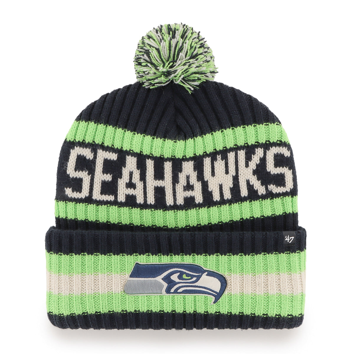 Seattle Seahawks NFL 47 Brand Men Navy Bering Cuff Pom Knit product image 1, provided for visual reference and product