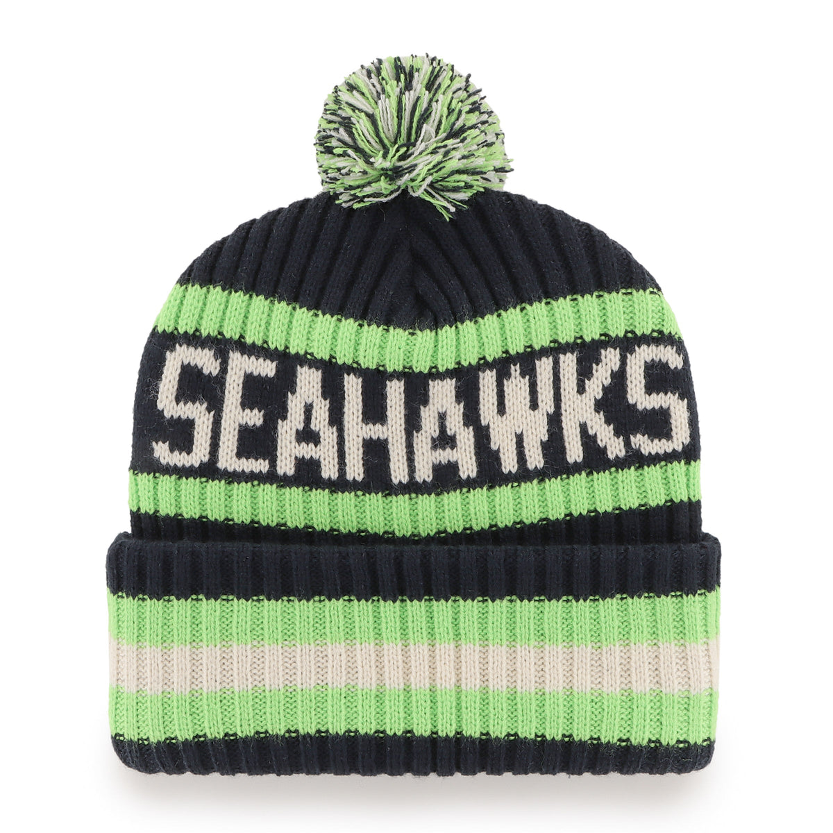 Seattle Seahawks NFL 47 Brand Men Navy Bering Cuff Pom Knit product image 2, provided for visual reference and product