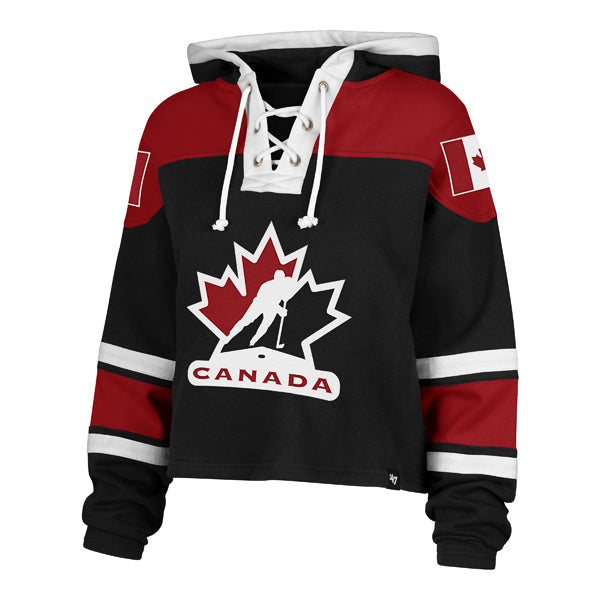 Hockey Canada IIHF 47 Brand Women Red Cropped Superior Lace Up Hoodie product image 1, provided for visual reference and
