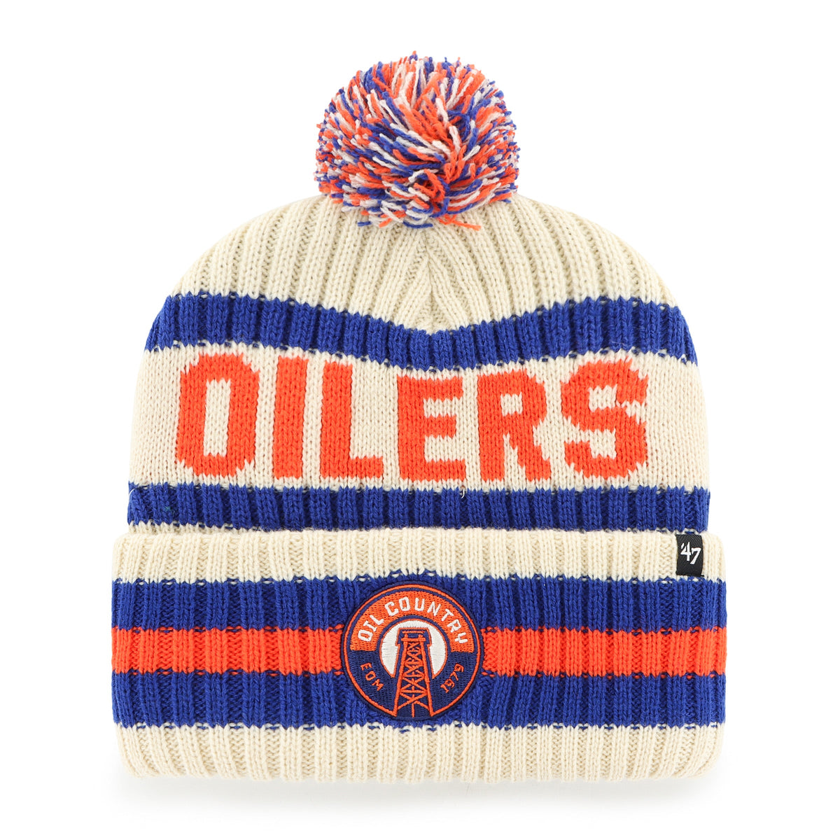 Edmonton Oilers NHL 47 Brand Men Beige/Orange Alternate Bering Cuff Pom Knit product image 1, provided for visual reference