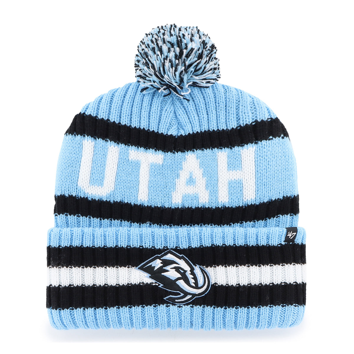 Utah Mammoth NHL 47 Brand Men Mountain Blue Bering Cuff Pom Knit product image 1, provided for visual reference and product