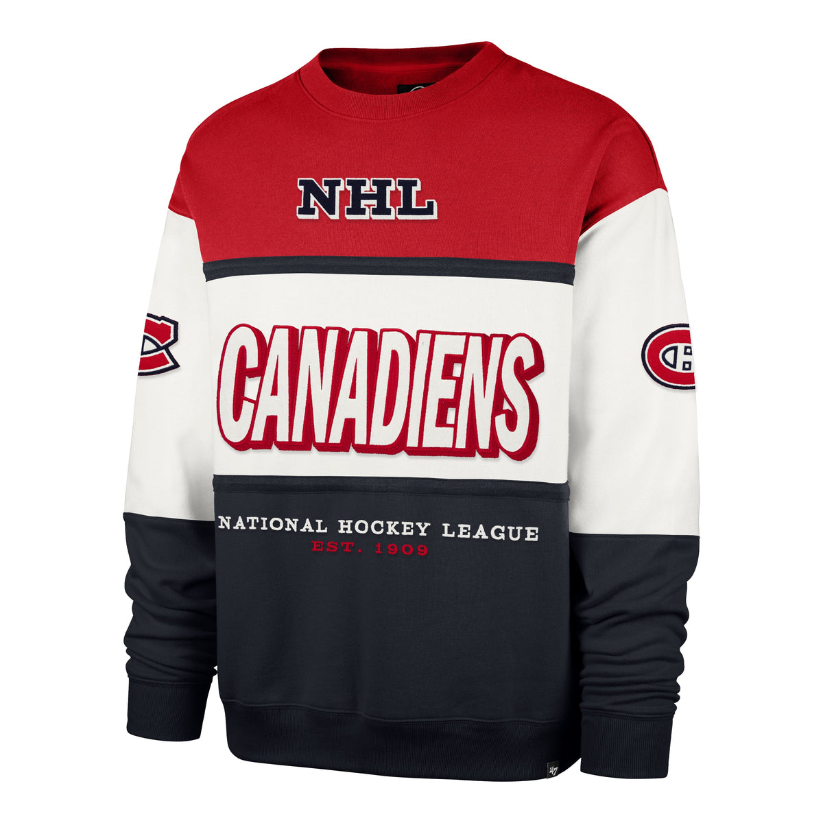 Montreal Canadiens NHL 47 Brand Men Red/Navy Breeze Maximalist Crew Sweater product image 1, provided for visual reference