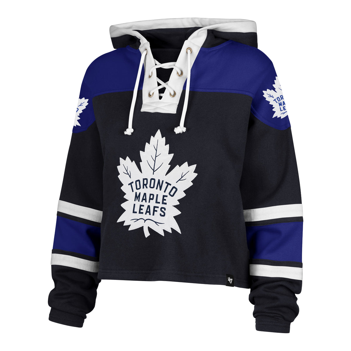 Toronto Maple Leafs NHL 47 Brand Women Navy Cropped Superior Lace Up Hoodie product image 1, provided for visual reference
