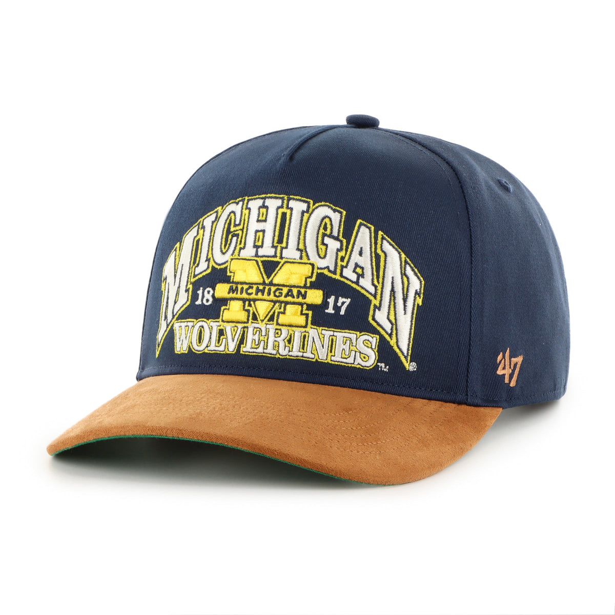 Michigan Wolverines NCAA 47 Brand Men Navy Break Wood Suede Hitch Snapback Hat product image 1, provided for visual