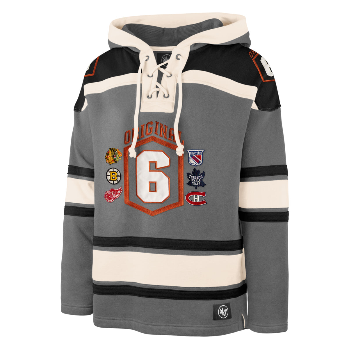 Original Six NHL 47 Brand Men Grey Heavyweight Vintage Lacer Hoodie product image 1, provided for visual reference and