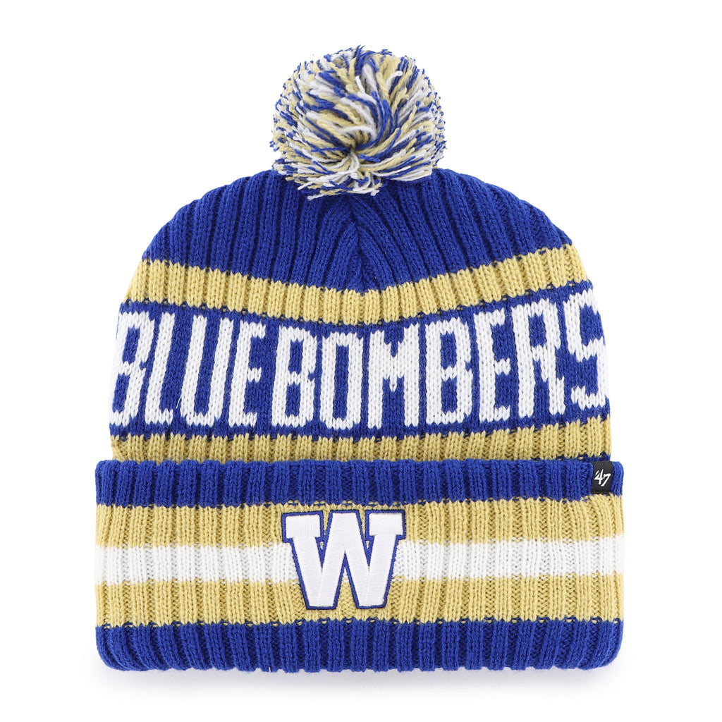 Winnipeg Blue Bombers CFL 47 Brand Men Royal/Gold Bering Cuff Pom Knit product image 1, provided for visual reference and