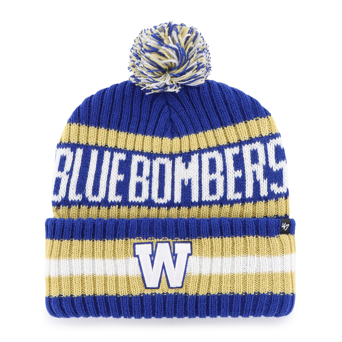 Winnipeg Blue Bombers CFL 47 Brand Men Royal/Gold Bering Cuff Pom Knit product image 1, provided for visual reference and