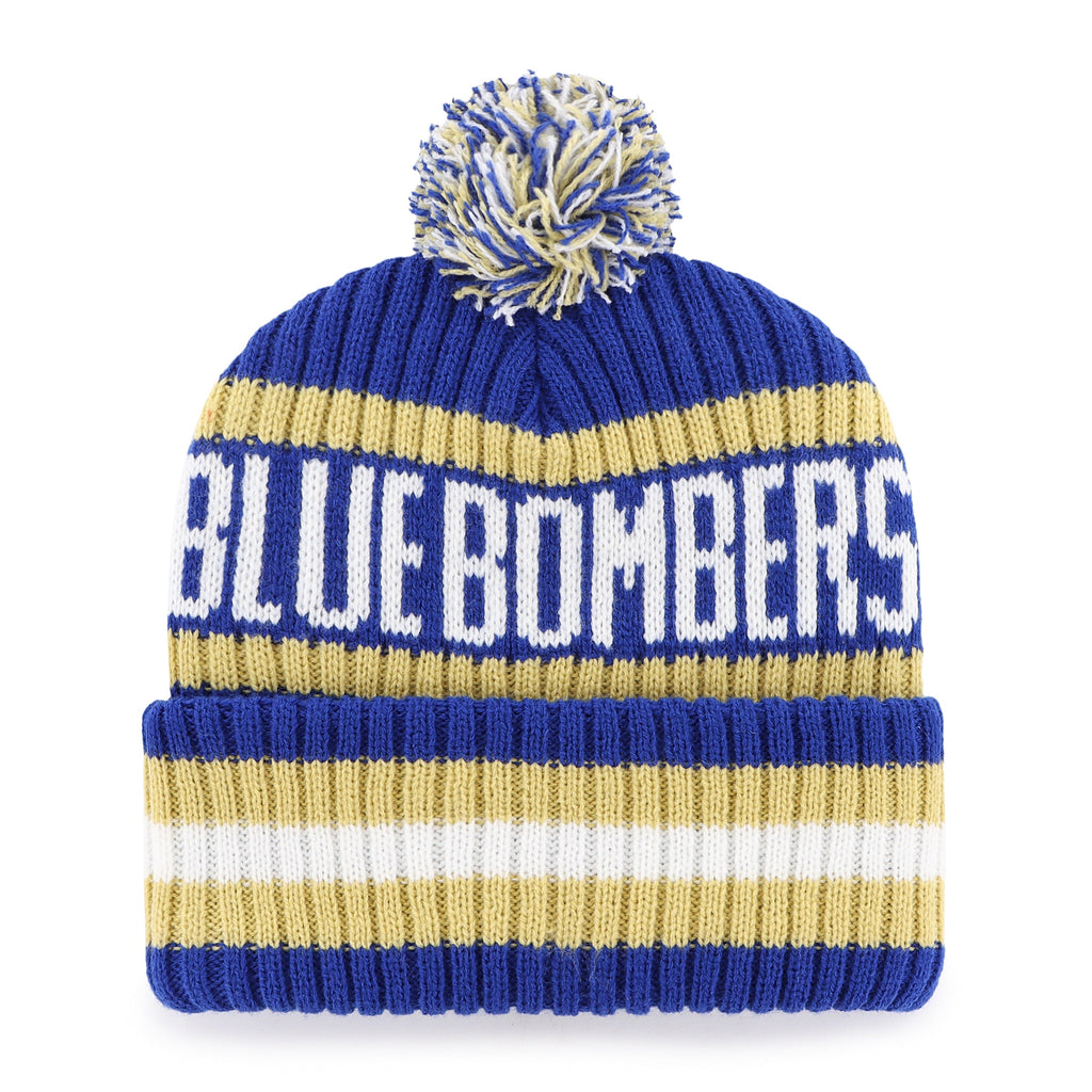 Winnipeg Blue Bombers CFL 47 Brand Men Royal/Gold Bering Cuff Pom Knit product image 2, provided for visual reference and