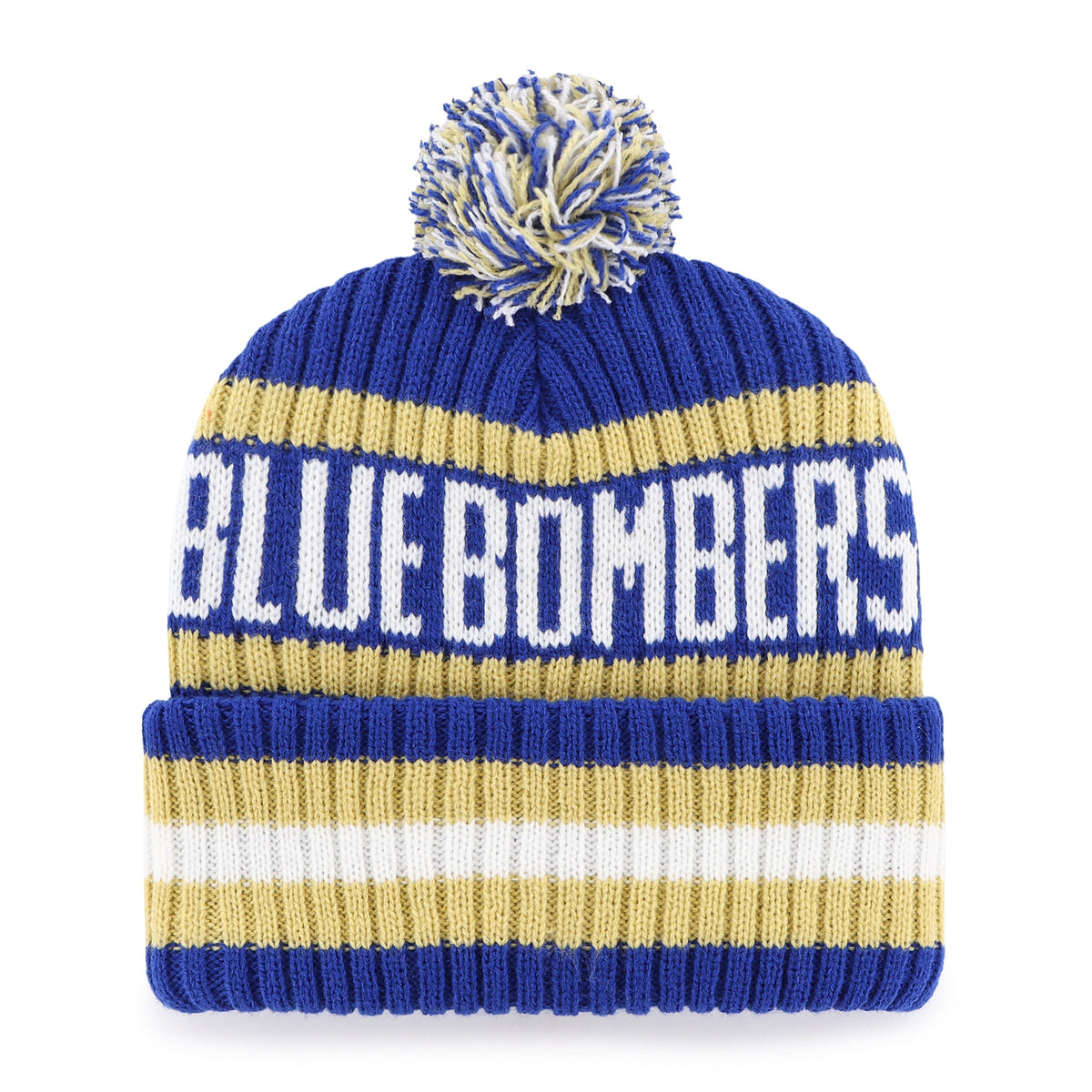 Winnipeg Blue Bombers CFL 47 Brand Men Royal/Gold Bering Cuff Pom Knit product image 2, provided for visual reference and