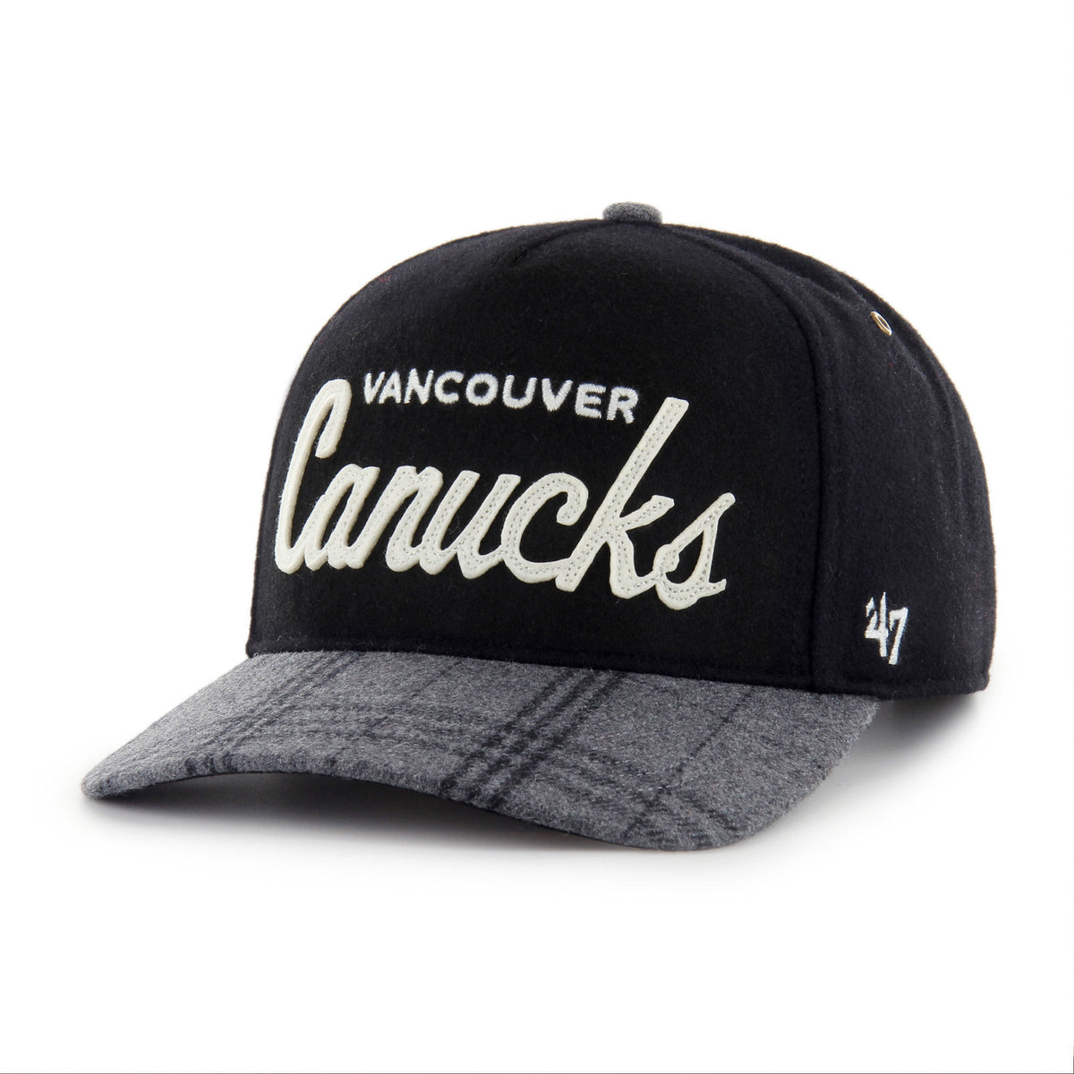 Vancouver Canucks NHL 47 Brand Men Black Windowpane Plaid Hitch Snapback Hat product image 2, provided for visual reference